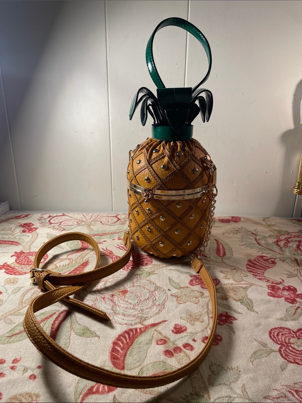 Pineapple Faux Leather Mustard Studded Hunter Green Folded Leaf Crossbody